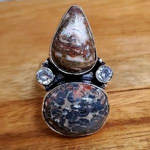 New Leopard Skin Jasper, Agate, White Topaz 925 Silver Ring.